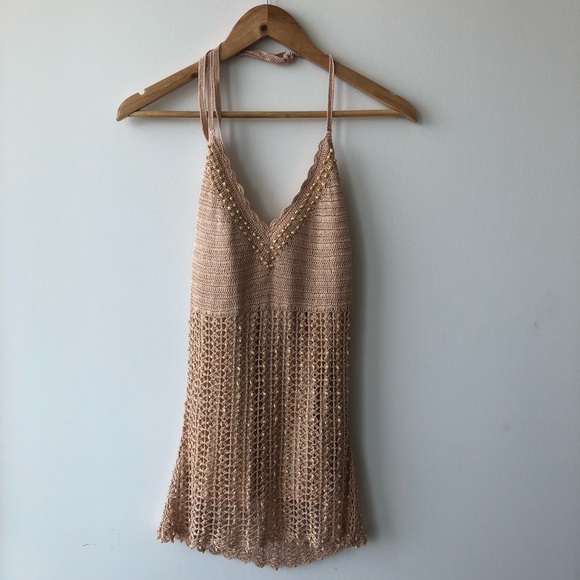 Le Chateau Halter Neck Knitted Beaded Beige Top - Picture 1 of 5